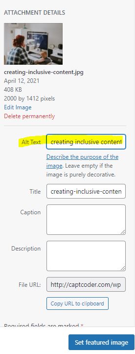 setting alt text in WordPress