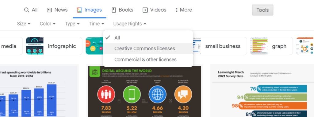 screenshot showing how to select tools and usage rights in google images