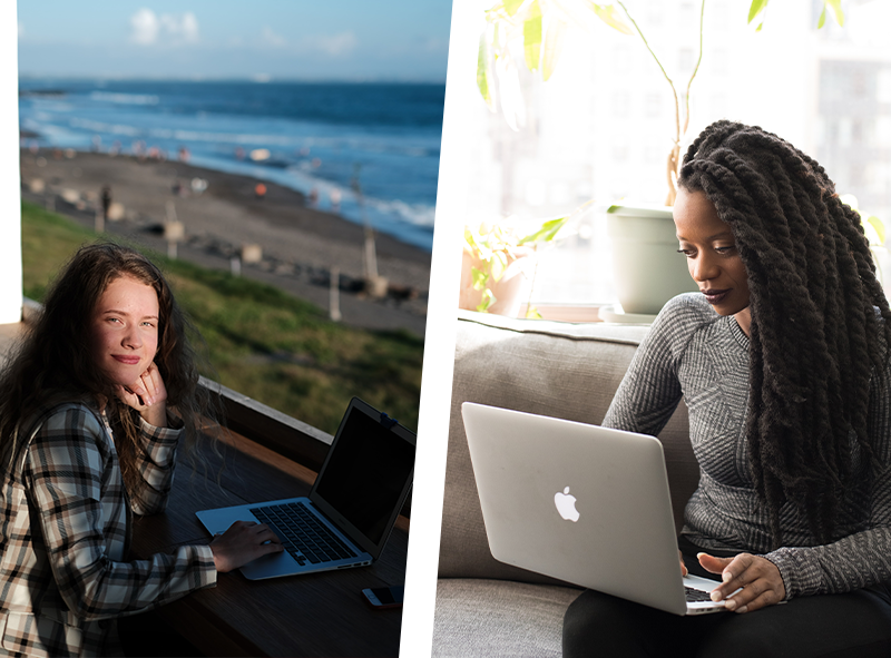two pictures of service providers relaxed with laptops