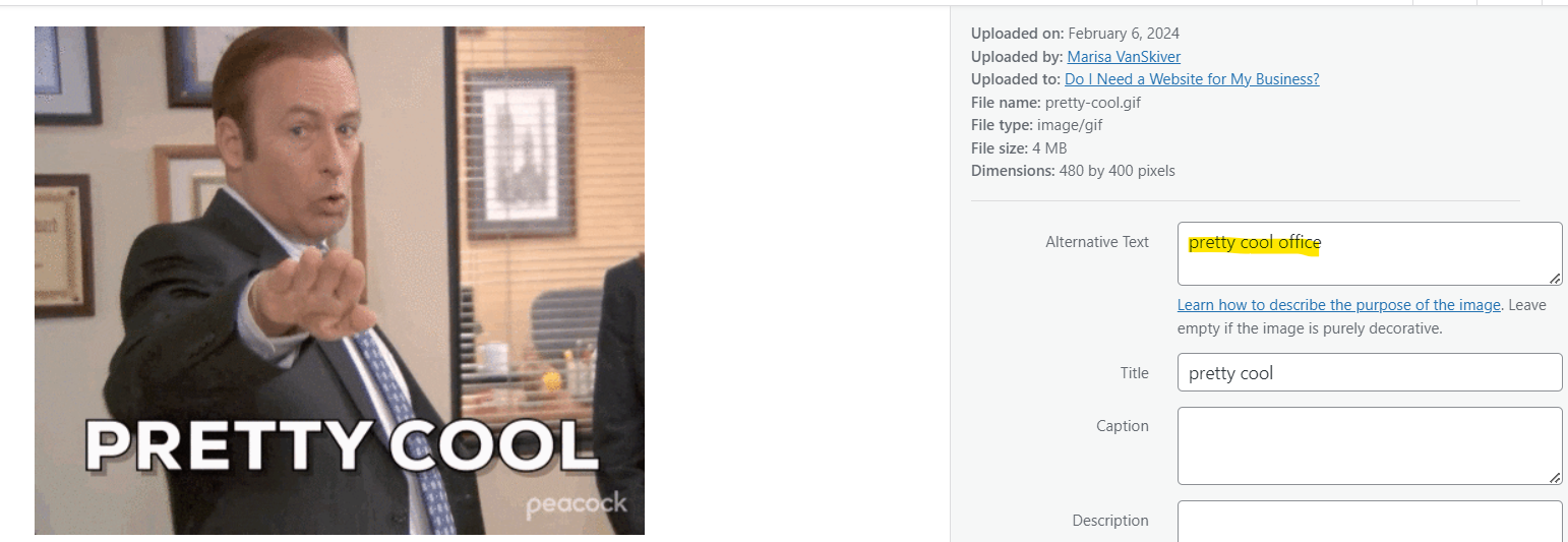 screenshot showing the alt text in wordpress