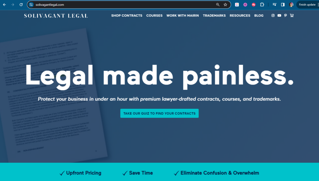 Website homepage that says "Legal Made Painless".