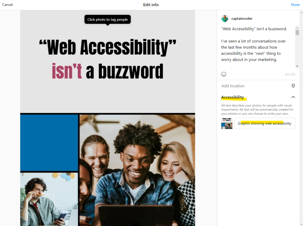 where to add alt text on Instagram