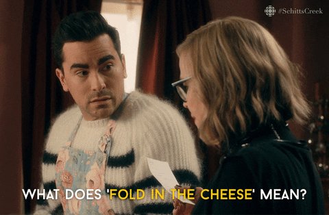 A meme of David Rose asking What does fold in the cheese mean?