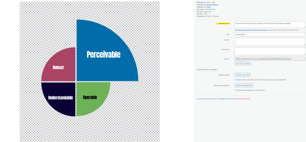 A picture of a chart with the alt text option next to it in wordpress