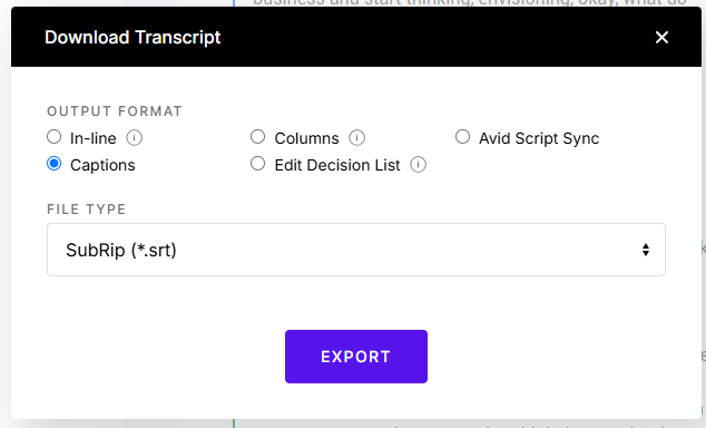 Screenshot of Rev.com export options to download SRT file