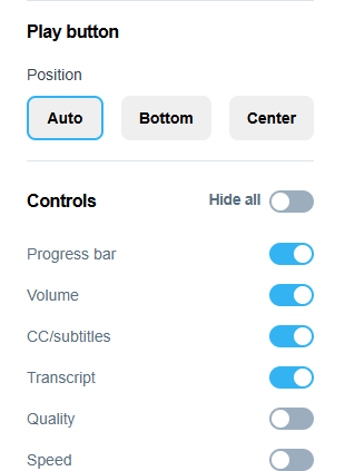 Screenshot showing the Vimeo player control options, including the closed captioning option