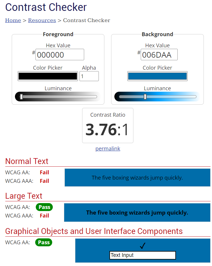 screenshot of webaim contrast checker showing a failed test