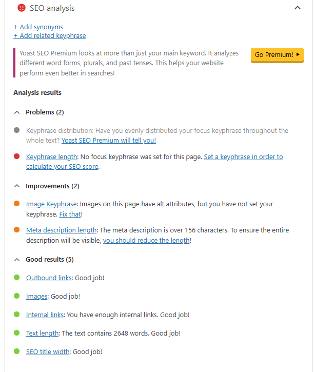 Screenshot of Yoast SEO options that highlight accessibility issues