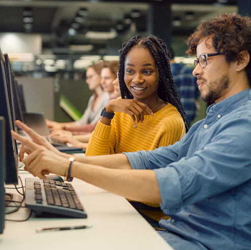 Woman and man working together