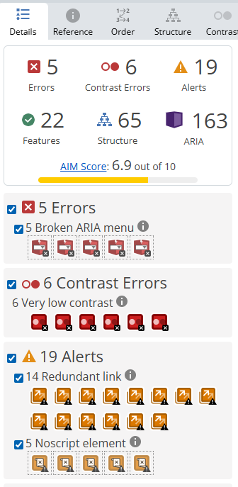 Example of a WAVE report with 5 errors, 6 contrast errors, and 19 alerts