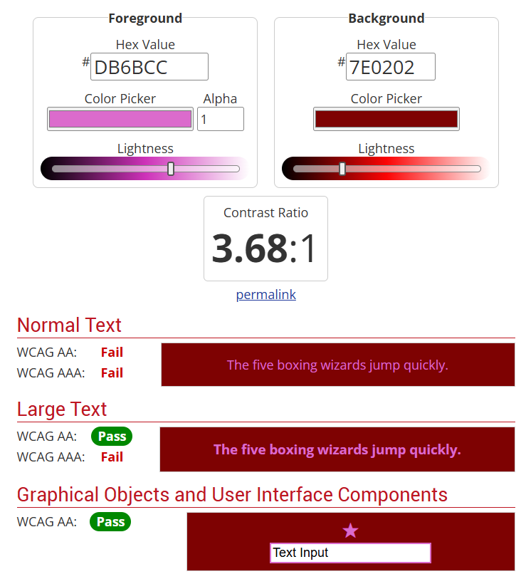color contrast test showing pink text on red background not passing