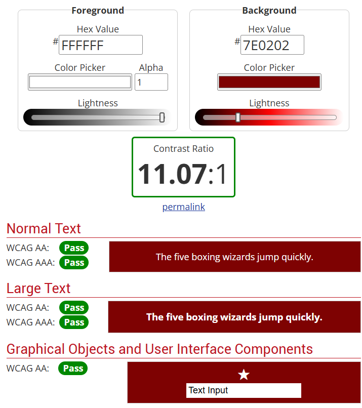 color contrast test showing white text on red background passing