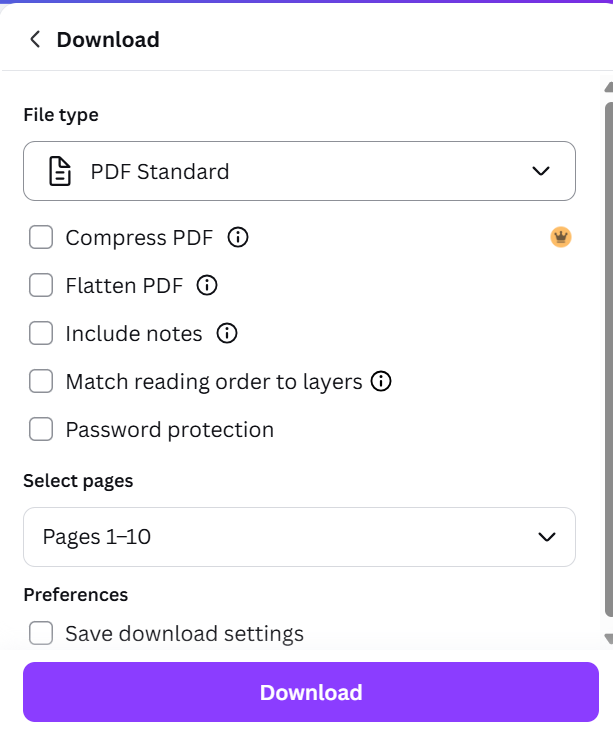 canva pdf options