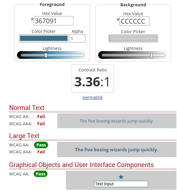 Contrast checker test showing that darker blue and light gray do not meet the 4.5 to 1 ratio.