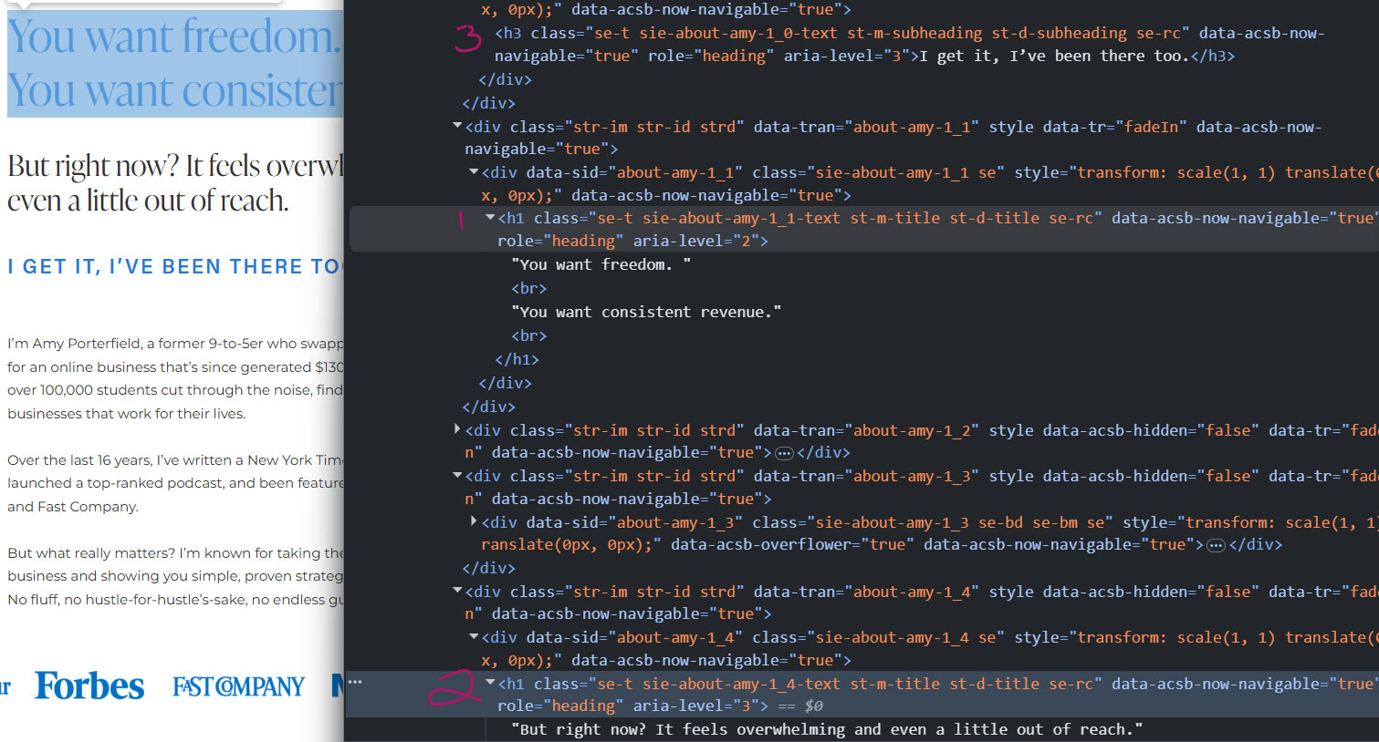 screenshot showing misordered HTML code that makes headlines be read in the wrong sequence