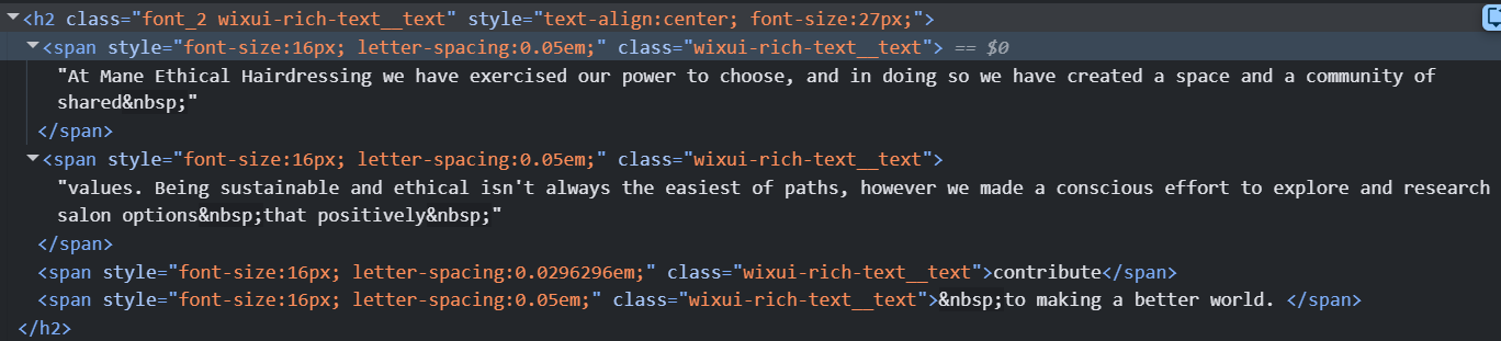 screenshot showing multiple span tags within a singular heading 2